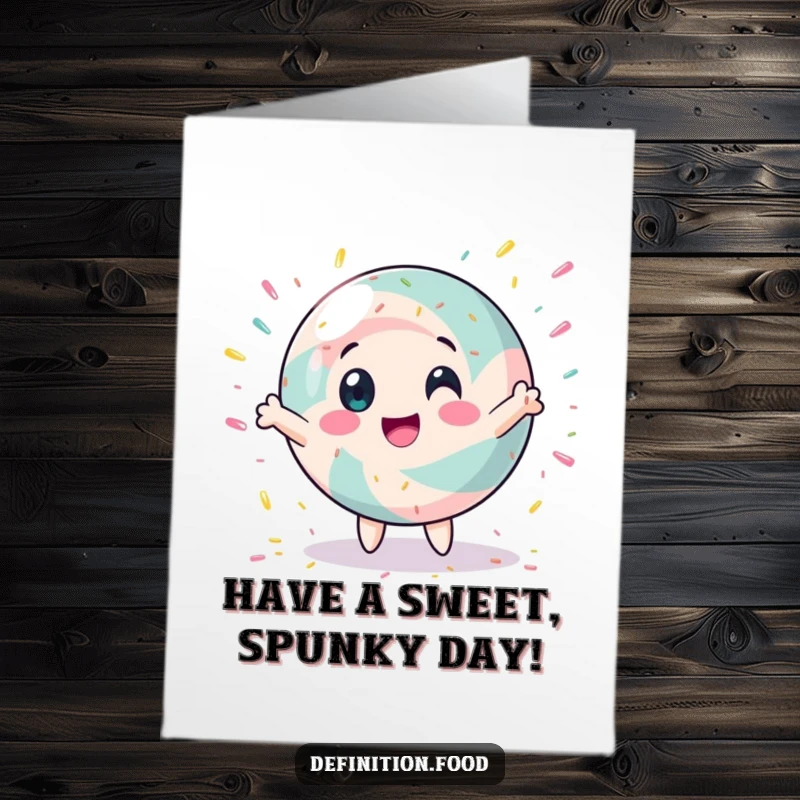 Funny Free Printable round candy character joyfully spinning with colorful sprinkles, celebrating a birthday in style.