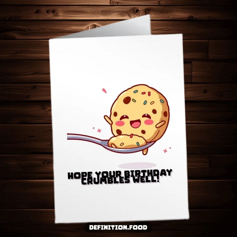 Funny Free Printable Birthday Card: A cookie with sprinkles enthusiastically jumps from a spoon, downloadable fun.