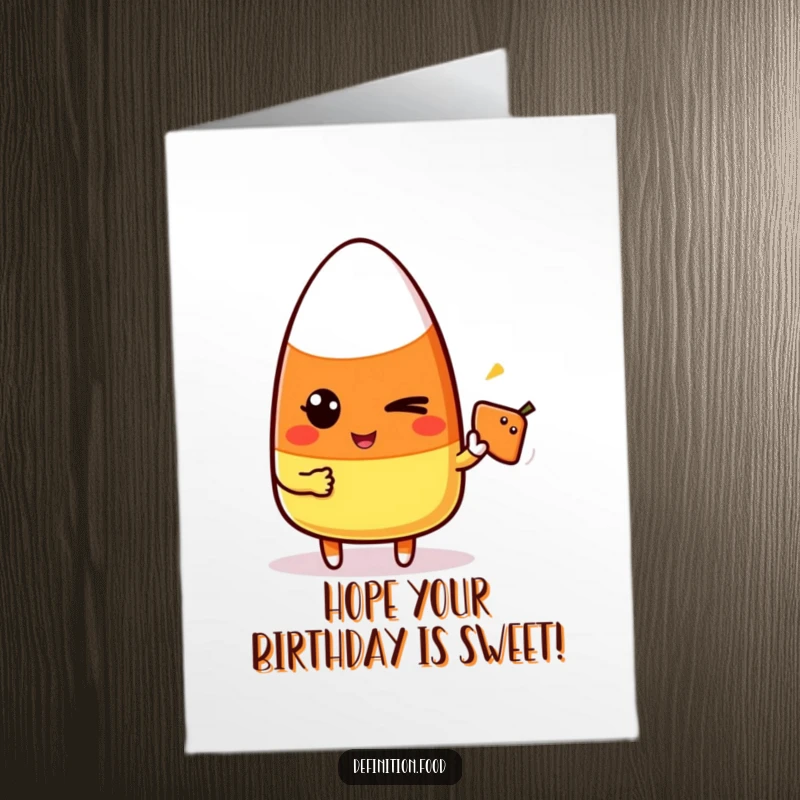 Funny Free Printable Birthday Card: A candy corn character winks playfully while pointing at a simple, tasty food icon.