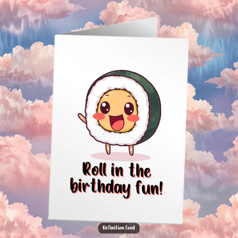 Funny Free Printable Birthday Card: A delighted sushi roll with beady eyes bouncing happily, a downloadable treat.
