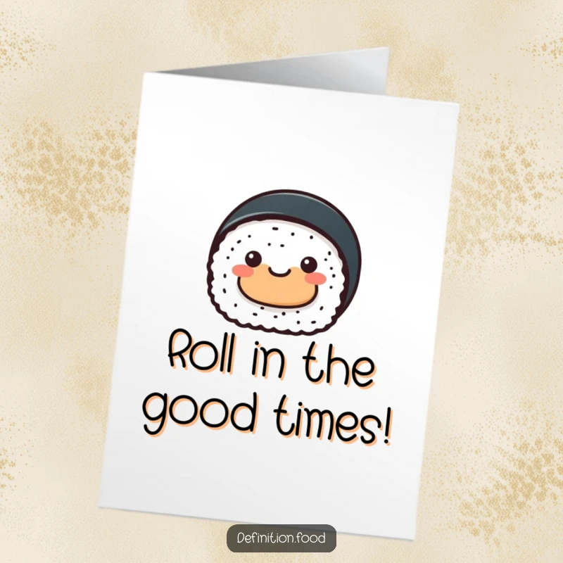 Funny Free Printable Birthday Card with a cheerful sushi roll offering a small abstract food shape, quirky and fun.