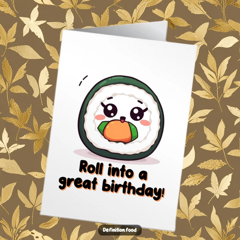 Funny Free Printable Birthday Card featuring a cute sushi roll with wide eyes, spinning excitedly.