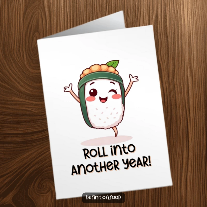 Funny Free Printable Birthday Card: A smiling sushi roll character doing a lively happy dance, embodying pure birthday joy.