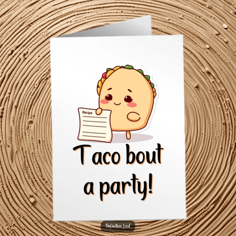 Funny Free Printable Birthday Card with a smiling taco character pondering a recipe, ideal for a foodie friend.