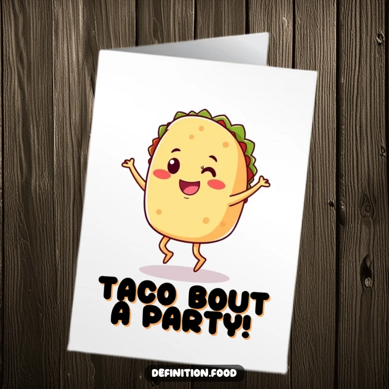 Funny Free Printable Birthday Card: Smiling taco with legs doing a joyful jig, perfect for a downloadable celebration.