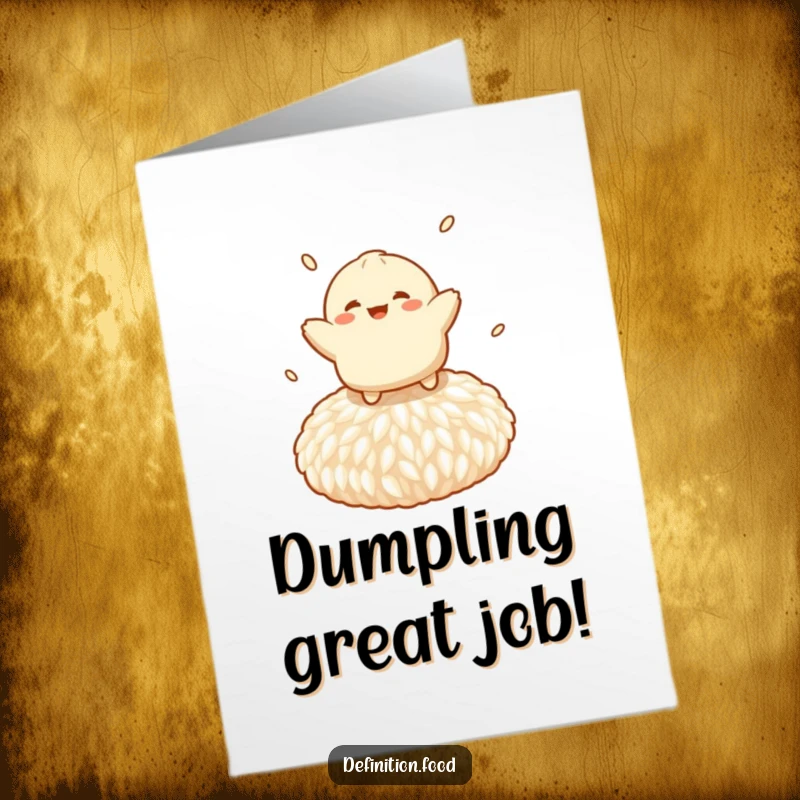 Funny free printable congratulations card with a cheerful dumpling character bouncing playfully on a giant rice grain, celebrating success.