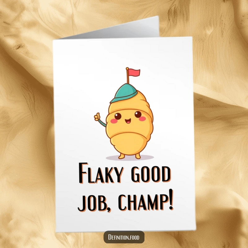 Funny Free Printable Congratulations Card: A cheerful croissant in a jaunty hat waving a tiny flag, downloadable joy.