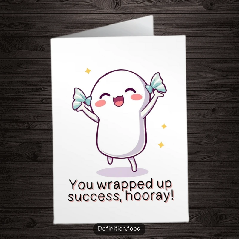 Funny Free Printable Congratulations Card: A dancing candy in a shimmering wrapper twirls with pure excitement for a grand achievement.