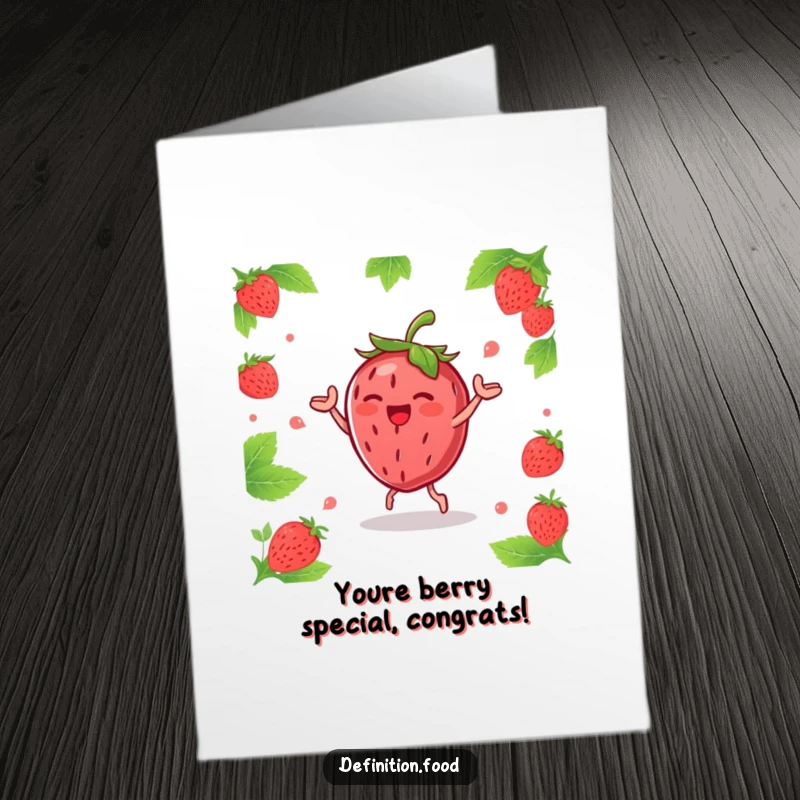 Funny Free Printable Congratulations Card: Joyous strawberry character with leaves, doing a happy dance to celebrate a win.