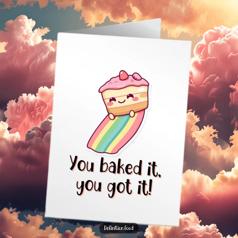 Funny Free Printable Congrats Card: Grinning cake slides down a rainbow, celebrating success. A cheerful and downloadable message.