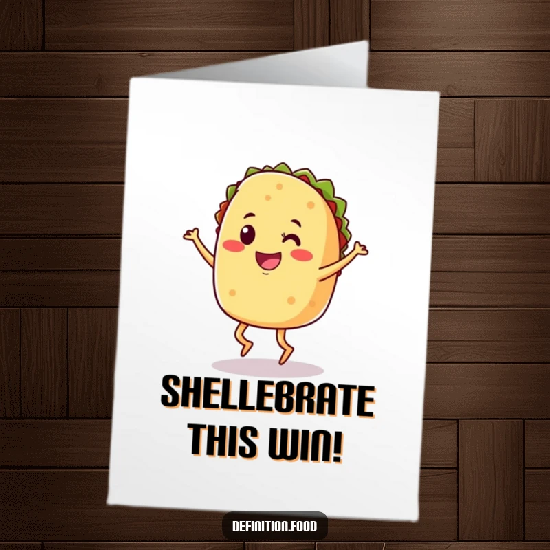 Funny Free Printable Congratulations Card: A jubilant taco on legs performing a joyful jig, ready for download.