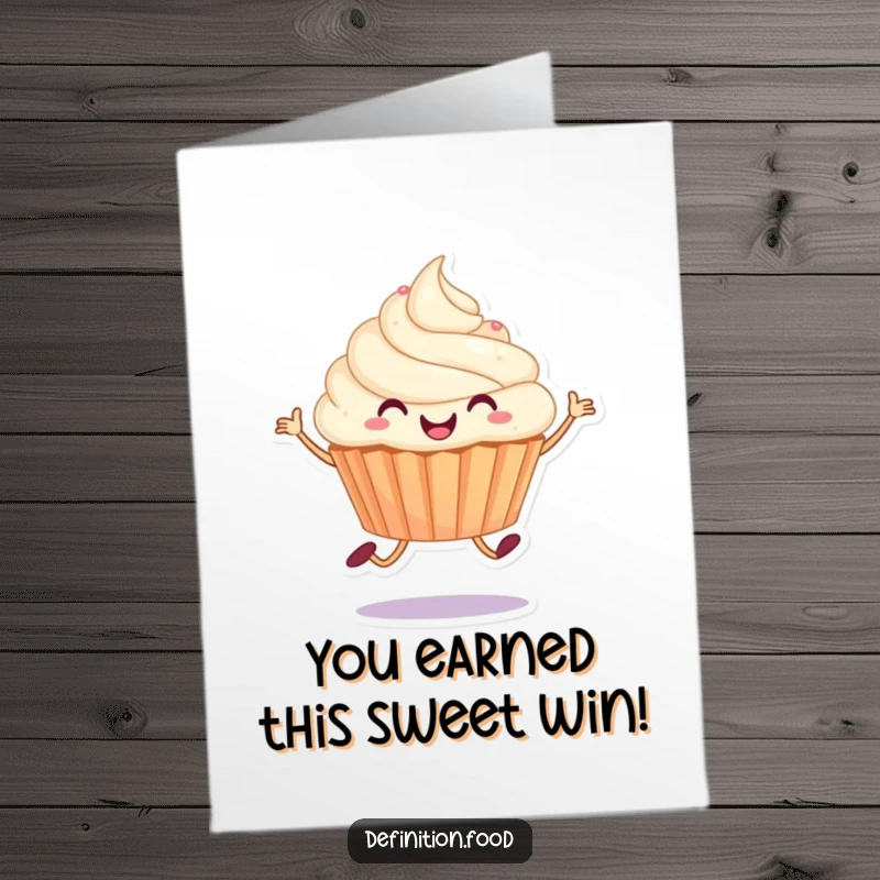 Funny Free Printable Congratulations Card depicting a delighted cupcake character mid-hop, spreading cheer and sprinkles.