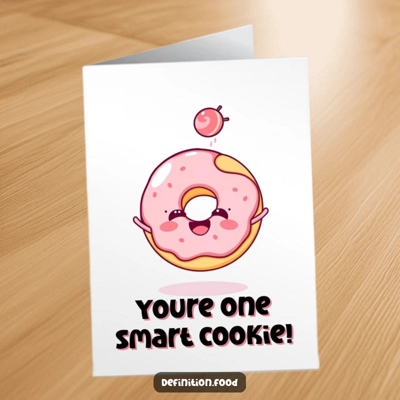 Funny Free Printable Donut Congratulations Card: cheerful donut character tossing candy, celebrating success, downloadable art.