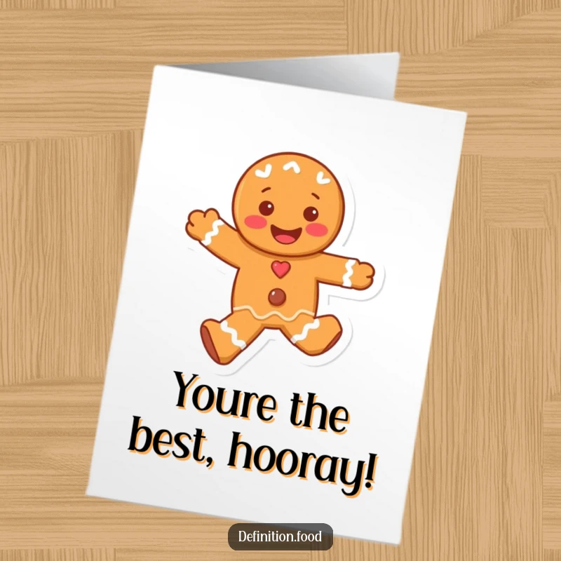 Free Printable congratulations card showing a giddy gingerbread man character skipping with unrestrained joy to celebrate an achievement.