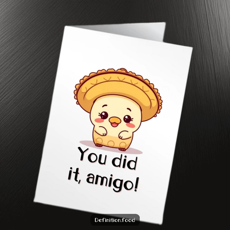 Funny Free Printable Congratulations Card: Mischievous burrito character peeking playfully from under a festive sombrero, celebrating success.
