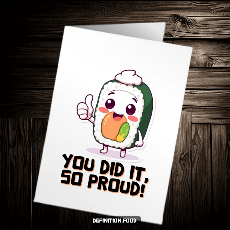 Funny free printable congratulations card showing a happy sushi character giving a thumbs up, expressing congratulations.