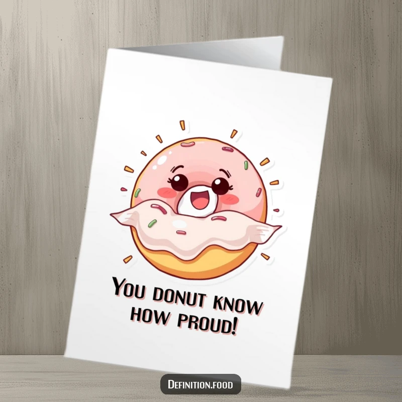 Funny free printable congratulations card featuring a happy donut character bursting from its wrapper, full of celebratory energy.