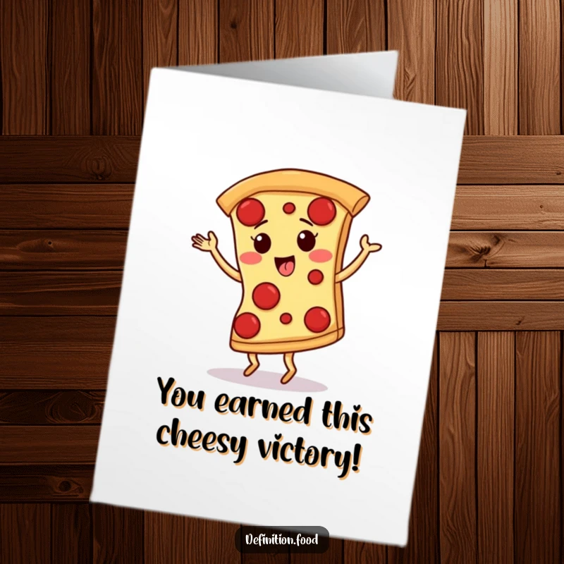Funny Free Printable Congratulations Card: A giggling pizza slice with pepperoni spots doing a tango, celebrating success.