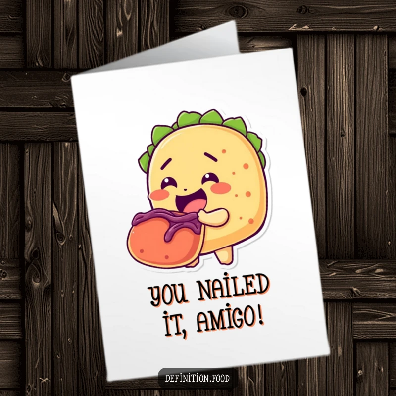 Funny Free Printable Congratulations Card: A smiling taco character enthusiastically devouring another taco, celebrating a huge win.