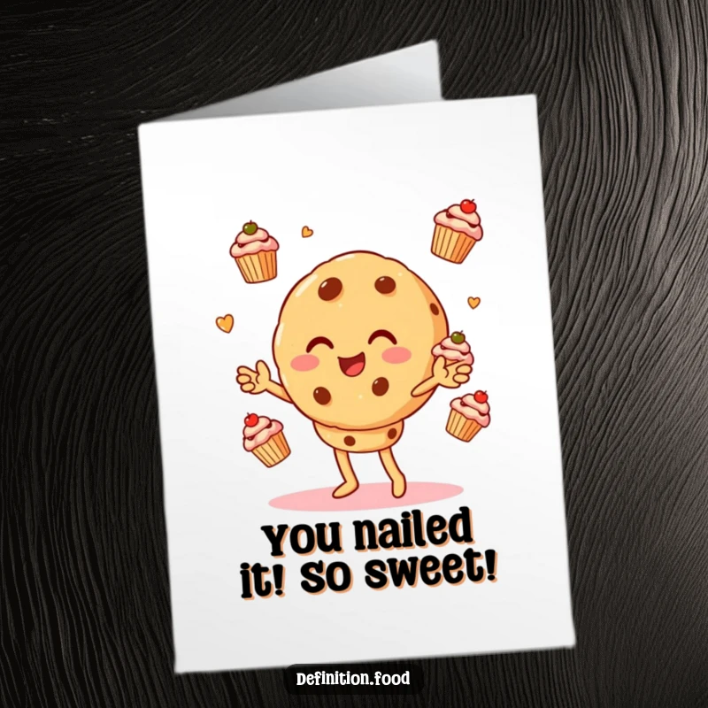 Funny Free Printable Congratulations Card: A cookie character energetically juggling miniature cupcakes, celebrating a big success with humor.