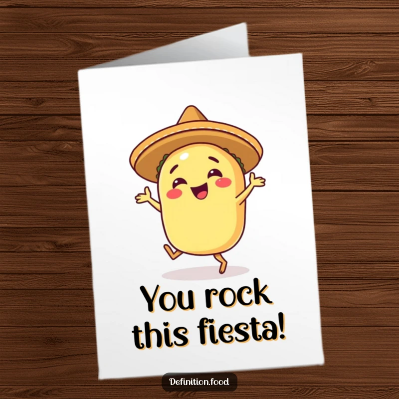 Funny Free Printable Congratulations Card featuring a happy taco in a sombrero doing a joyful salsa dance.