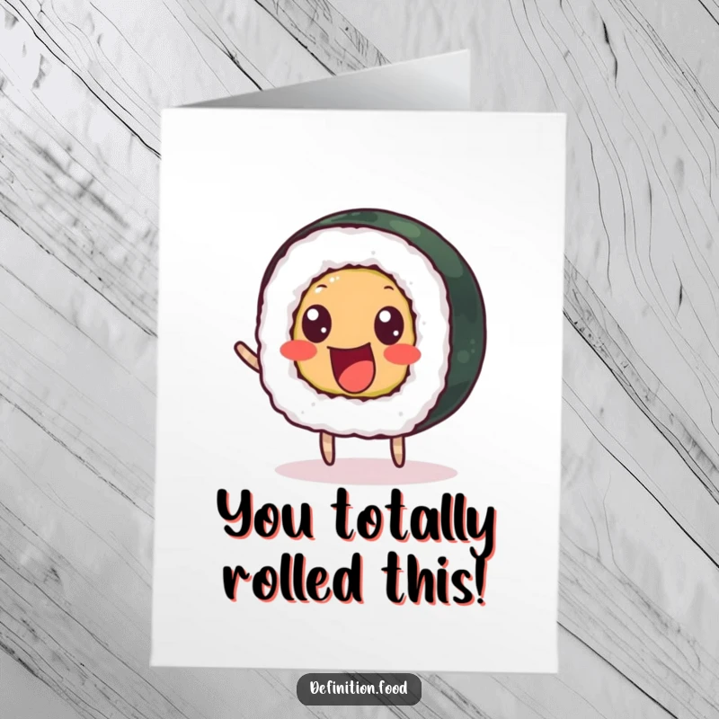 Funny Free Printable Congratulations Card: A delighted sushi roll with beady eyes bouncing happily, perfect for download.