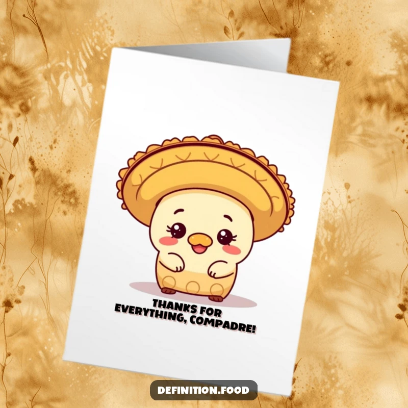 Funny Free Printable Thank You Card: Mischievous burrito character peeking playfully from under a festive sombrero, showing thanks.