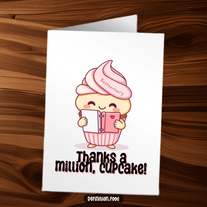 Funny free printable thank you card featuring a smiling cupcake character holding a mini dictionary, ready to define gratitude. A sweet message.