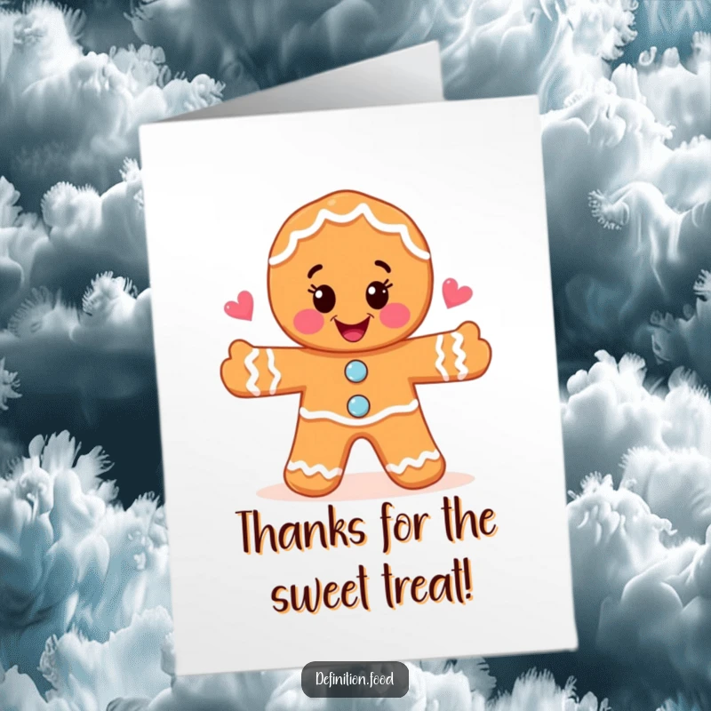 Funny Free Printable Thank You Card: A joyful gingerbread man draws a whimsical food illustration, offering heartfelt thanks.
