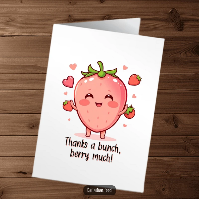 Funny Free Printable Thank You Card: A blushing strawberry juggles food shapes, expressing thanks with a shy, happy expression.