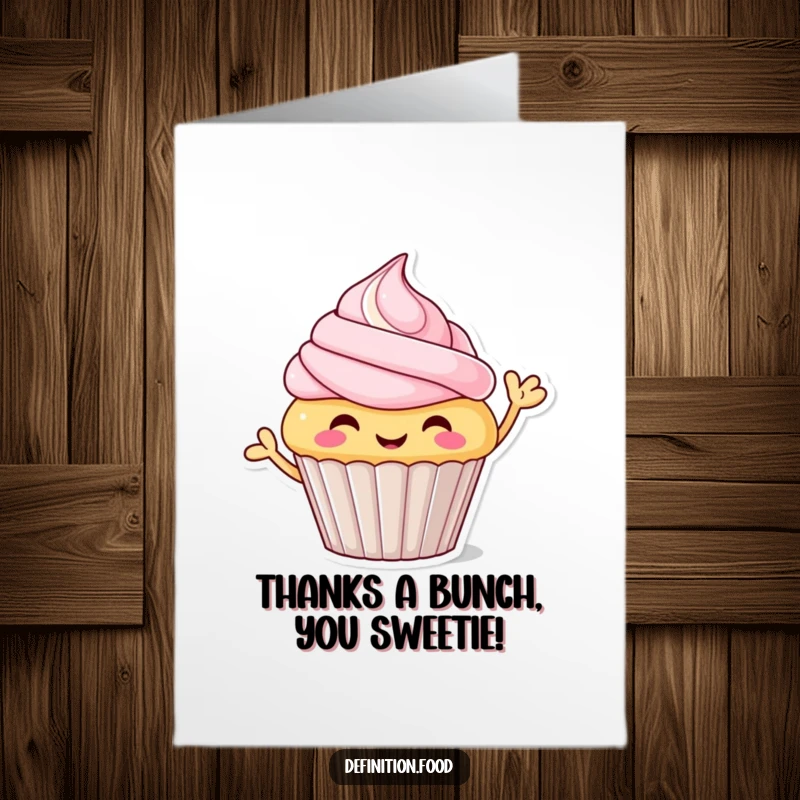 Funny Free Printable Thank You Card: Cupcake Character with Frosting Waving Cheerfully