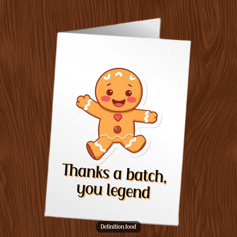 Funny Free Printable thank you card featuring a giddy gingerbread man character skipping happily, conveying heartfelt appreciation.