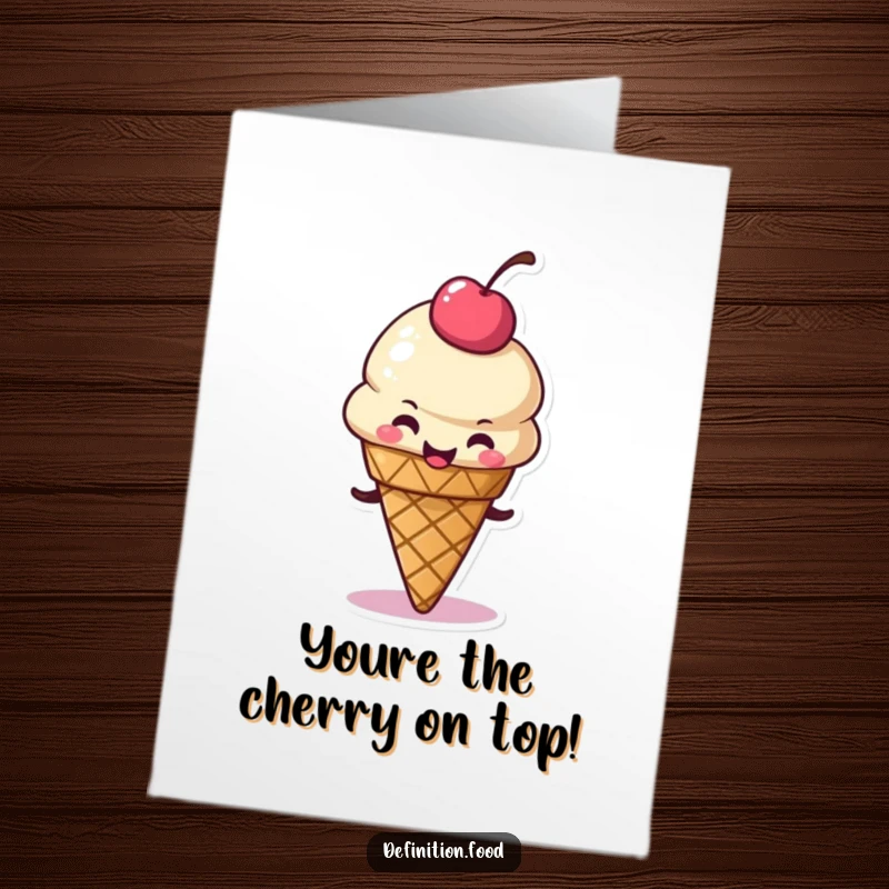 Funny Free Printable thank you card showing a delighted ice cream cone character wiggling its cherry topping, expressing sweet thanks.