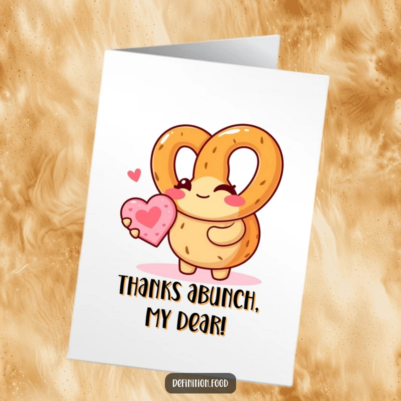 Funny free printable thank you card featuring a winking pretzel character offering a small heart cookie, expressing thanks.