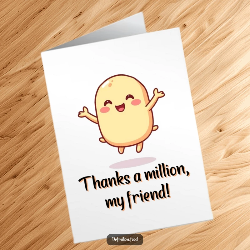 Funny Free Printable Thank You Card: A happy macaroni character bounces enthusiastically, ideal for a DIY thank you.