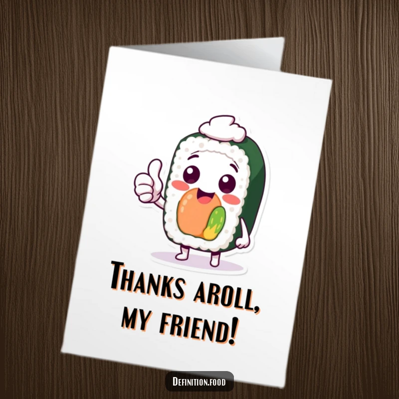 Funny free printable thank you card with a cheerful sushi character giving a thumbs up, conveying thanks.