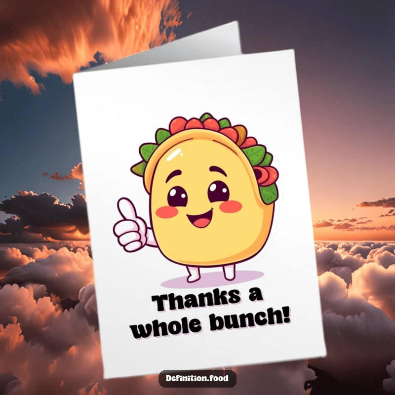 Funny Free Printable Taco Thank You Card: smiling taco character giving thumbs up, expressing gratitude, downloadable art.
