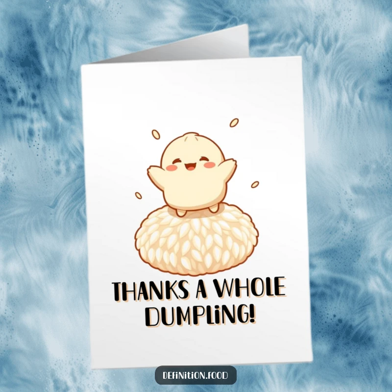 Funny free printable thank you card featuring a cheerful dumpling character bouncing playfully on a giant rice grain, conveying thanks.