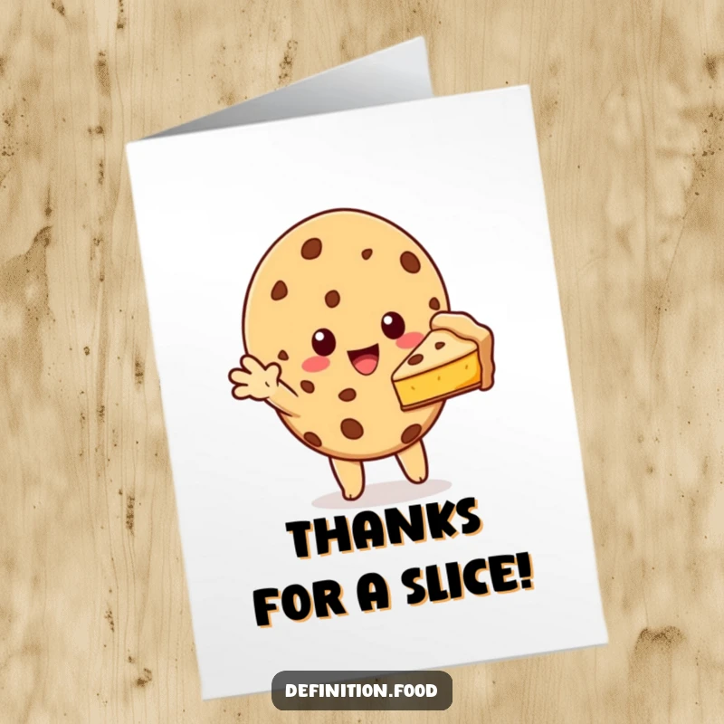 Funny free printable thank you card depicting a cookie character offering a slice of pie, a gesture of thanks.