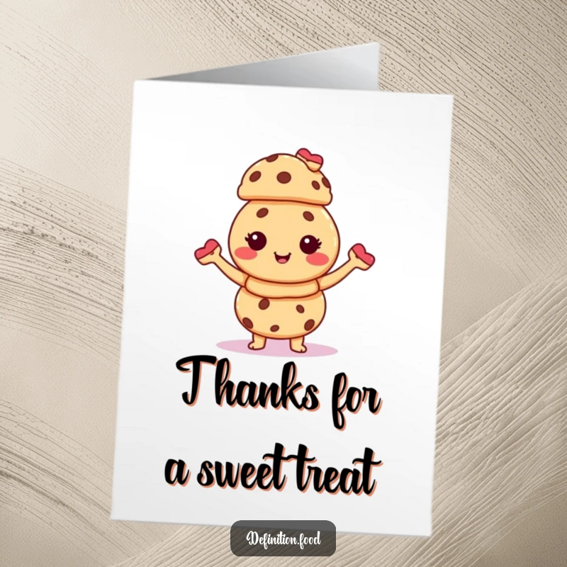 Funny Free Printable Thank You Card featuring a cheerful cookie character expertly balancing tiny pastries with a giggle.