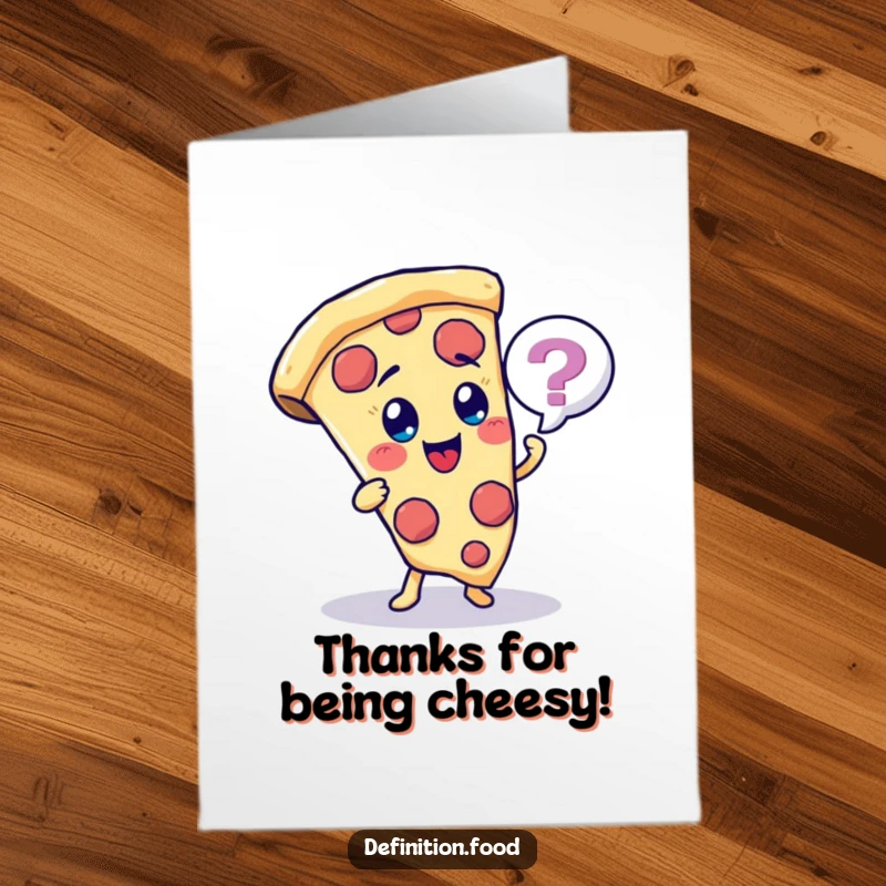 Funny free printable thank you card with a cheerful pizza slice character posing a humorous quiz in a speech bubble. A unique thank you.