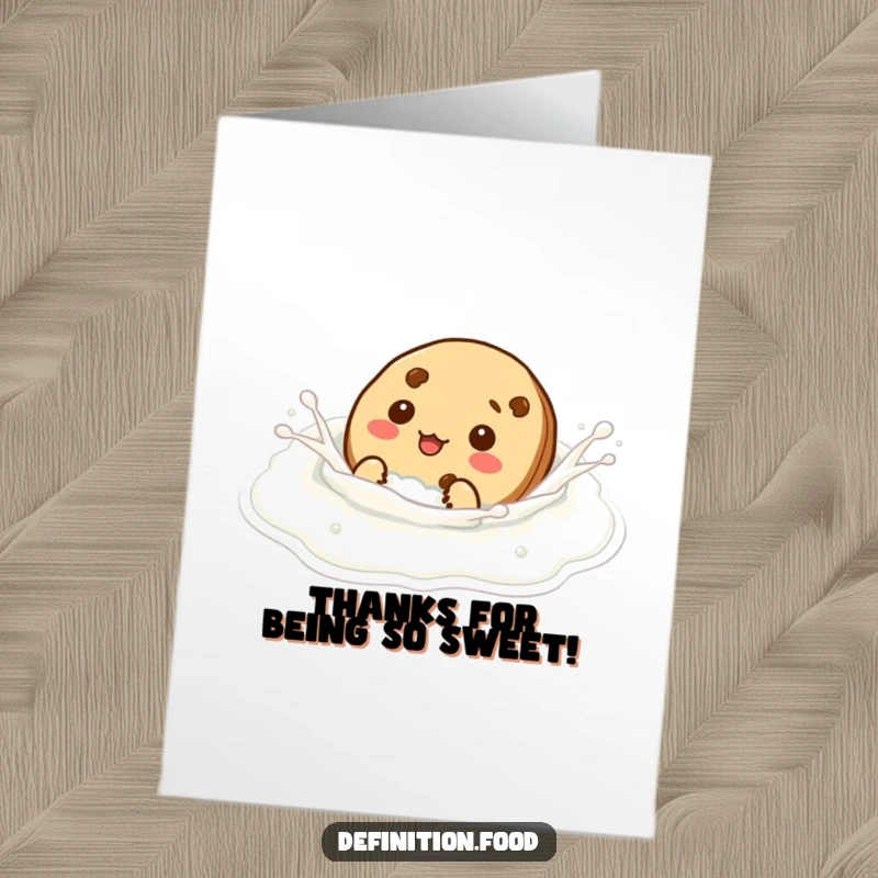 Funny Free Printable Thank You Card: Silly cookie character humorously pretending to swim in a glass of milk.