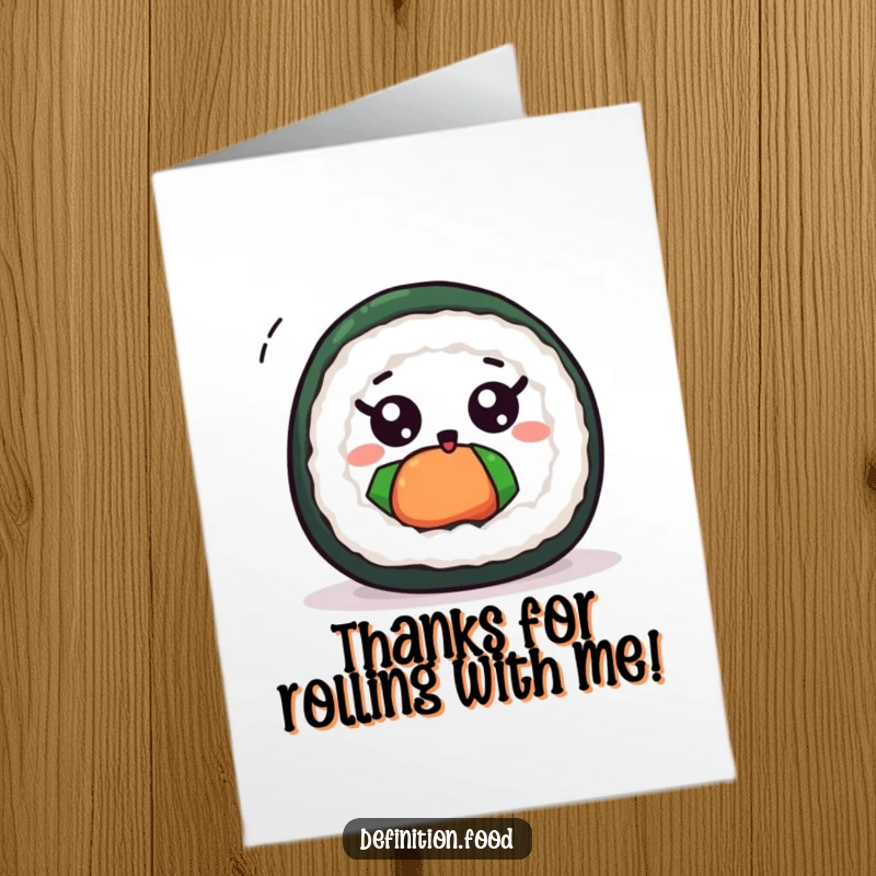 Funny Free Printable Thank You Card with a cute sushi roll, wide eyes, spinning excitedly.