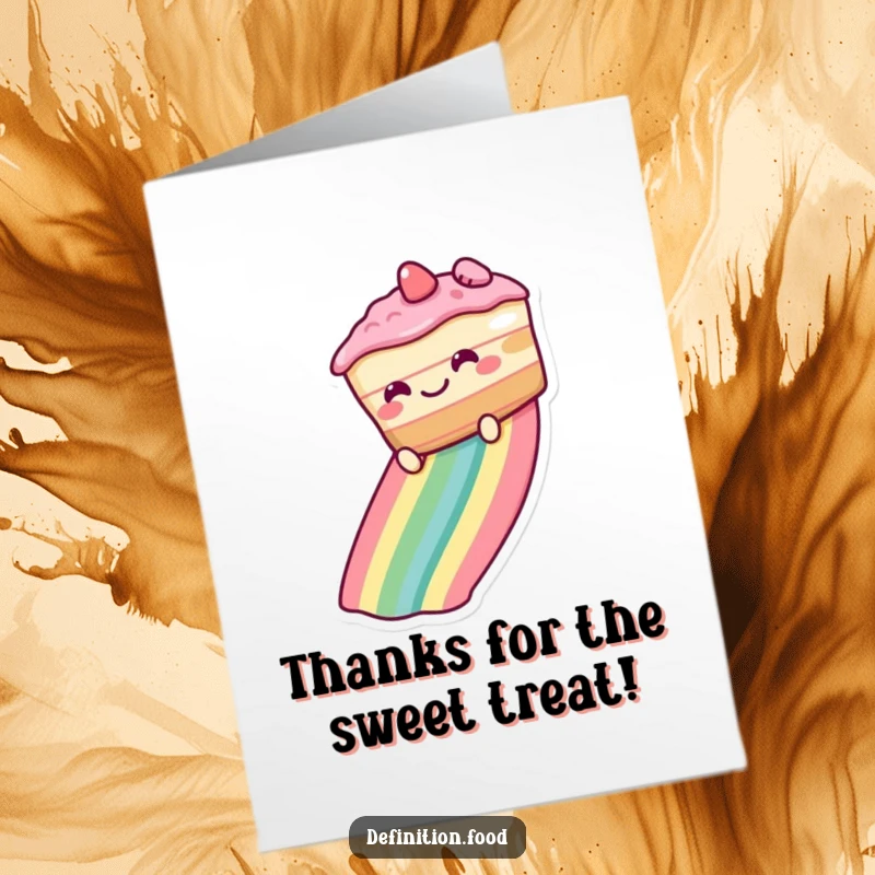 Funny Free Printable Thank You Card: Grinning cake slides down a rainbow, expressing thanks. A sweet and downloadable greeting.