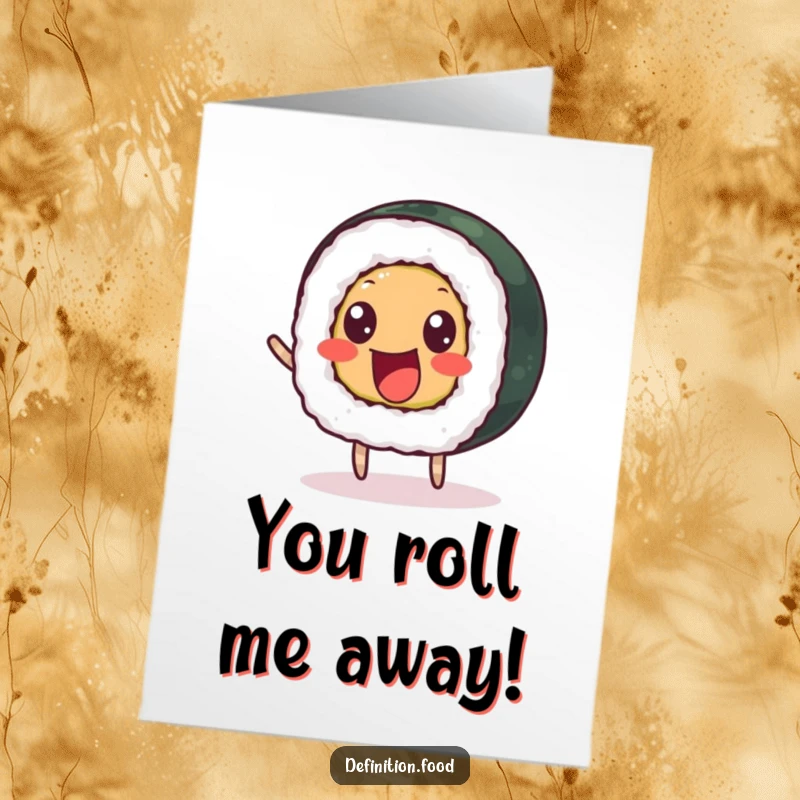 Funny Free Printable Thank You Card: A delighted sushi roll with beady eyes bouncing happily, downloadable thank you.