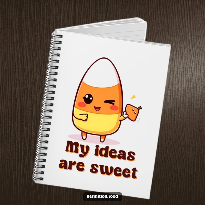 Funny candy corn character winking and pointing at a food icon inside a notebook, perfect for playful note-taking.