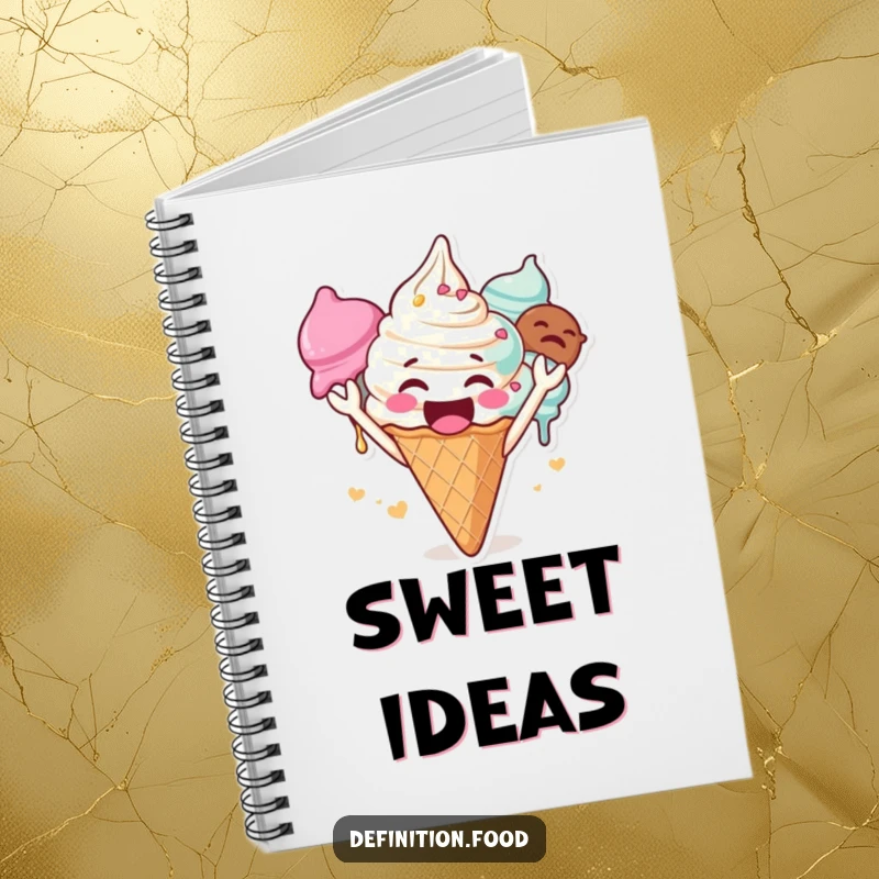 Funny ice cream notebook, cover features a gleeful character cheering loudly, ideal for journaling, a fun funny gift.