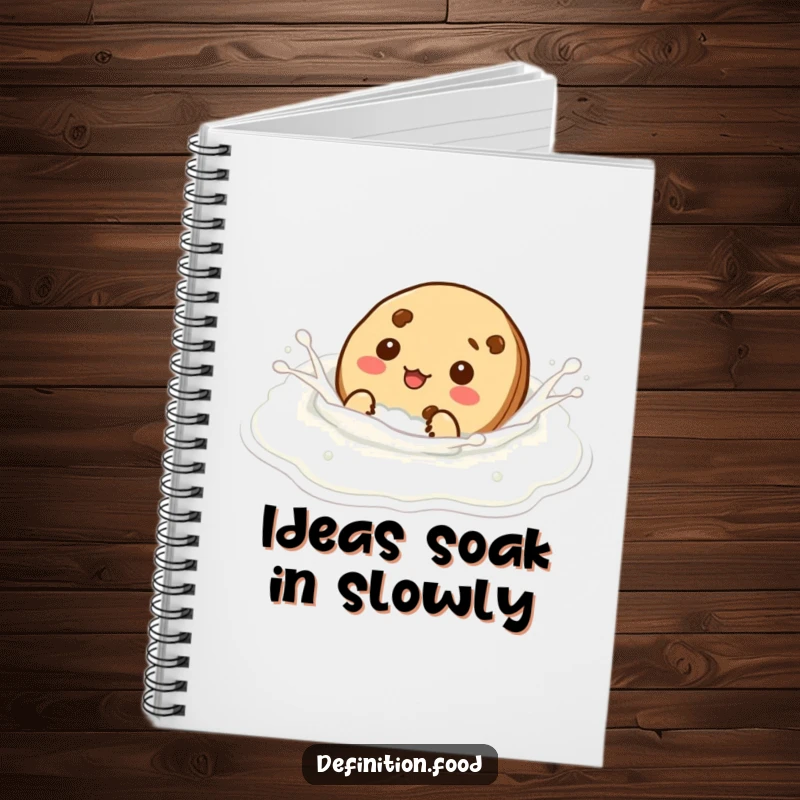 Funny cookie character comically swimming in milk, perfect for note-taking in this humorous notebook.