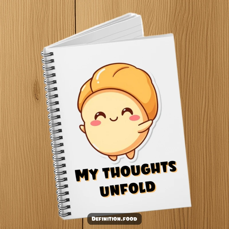 Funny notebook featuring a croissant character happily unfurling its layers, perfect for notes and recipes, a funny gift.