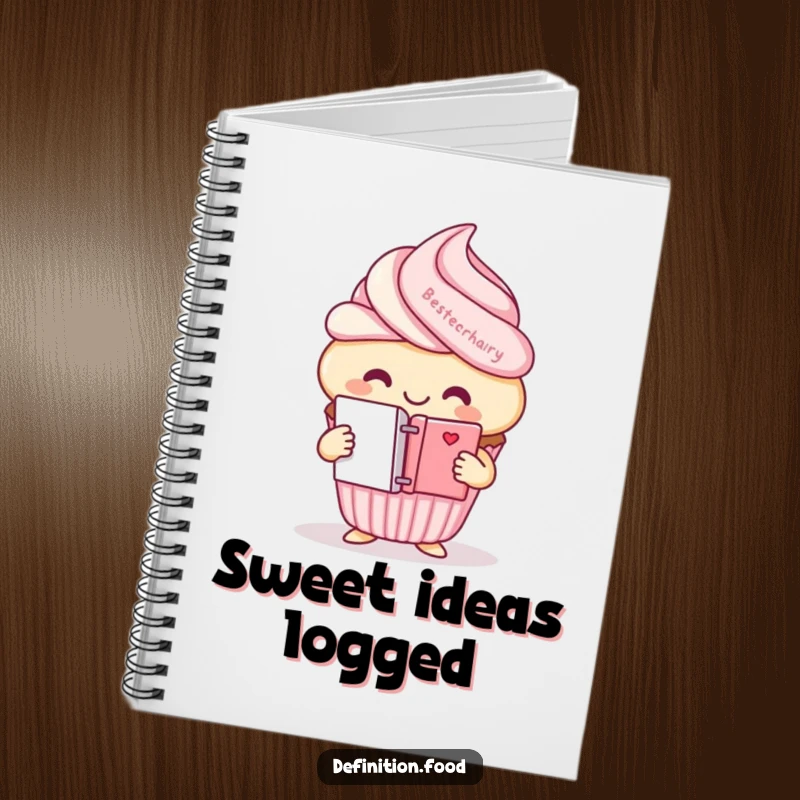Funny cupcake character notebook, holding a mini dictionary, for writing and sweet ideas.